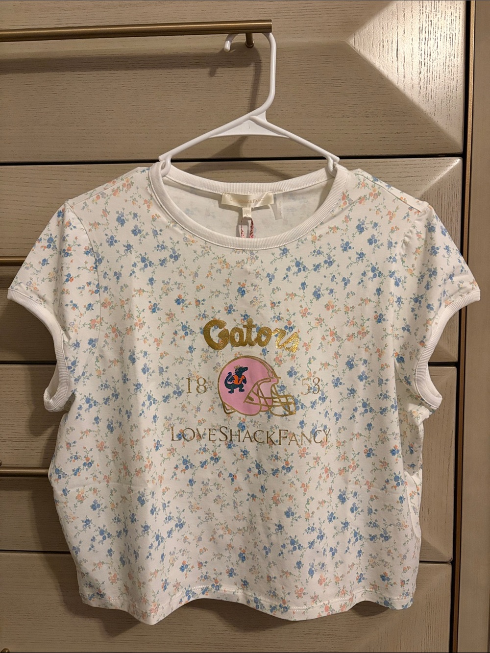 LoveShackFancy White Tee with Blue & Peach Floral Print and Pink Helmet Graphic